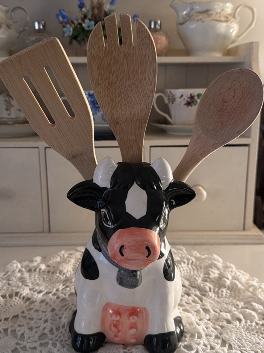Ceramic Black & White Cow Utensil Holder - Kitchen Counter Organizer